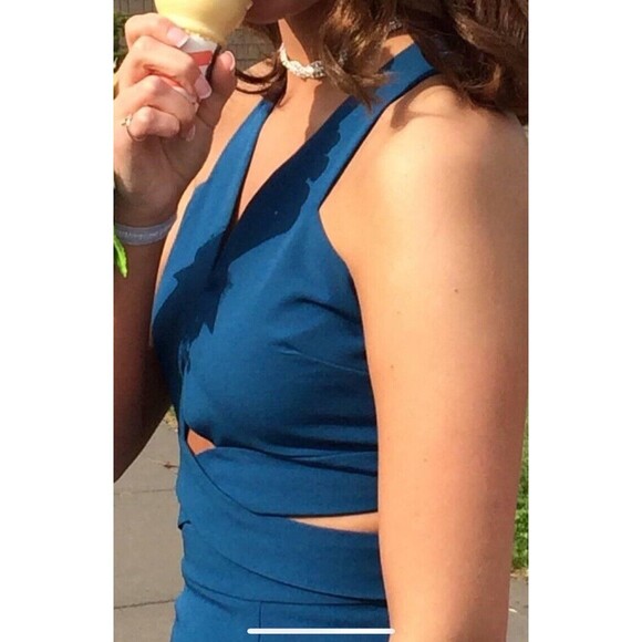 Fame & Partners Sleeveless Maxi Bridesmaid Dress Teal Blue Size 4 deep leg slit - Picture 3 of 9